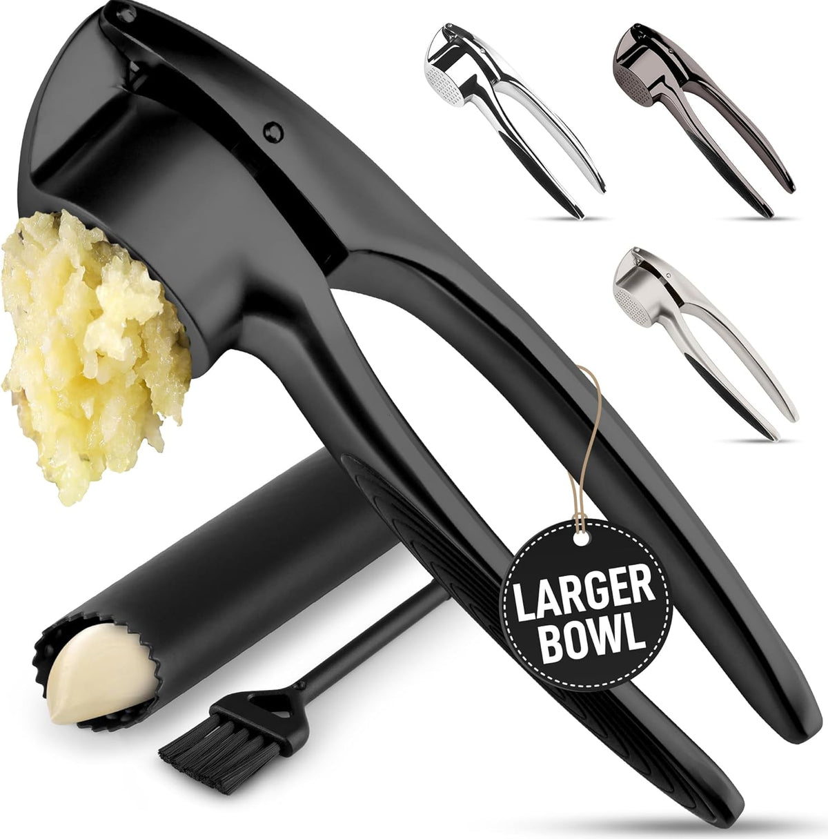Zulay Kitchen Premium Garlic Press Set - Rust Proof Professional Garlic Mincer Tool - Easy-Squeeze, Easy-Clean with Soft, Ergonomic Handle - Silicone Garlic Peeler & Brush (Silver)