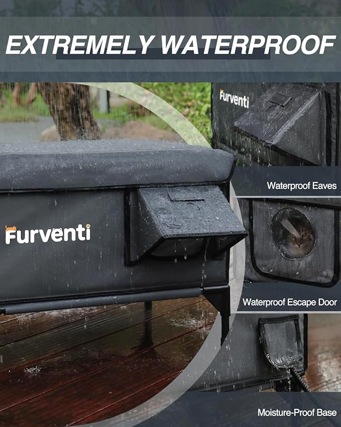 Outdoor Heated Cat House in Winter,Extremely Insulated & Weatherproof,Elevated Feral Cat Shelter with Waterproof Eaves & Escape Door for Outside Stray Barn Cat (Dark Grey,L)