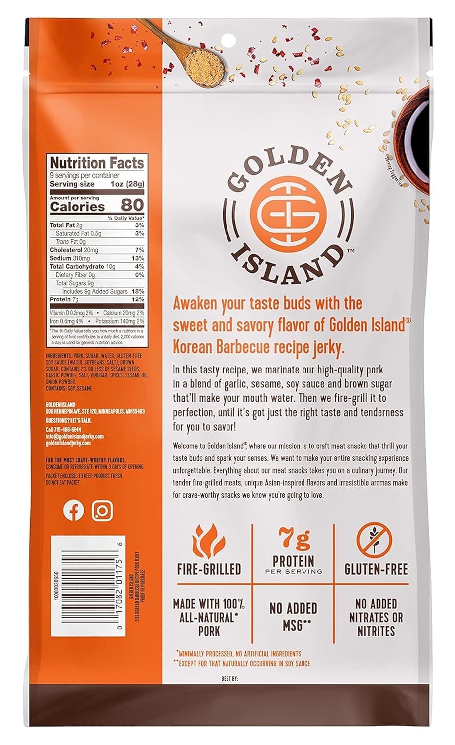 Golden Island Korean BBQ Pork Jerky - (2 Pack) 9 oz Resealable Bag - Fire-Grilled Specialty Meat Snack - Sweet & Savory Protein Snack - 7g Protein per Serving - Made with 100% All-Natural Pork