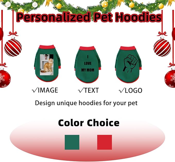 Custom Dog Hoodie, Personalized Sweatshirt with Photo Text Name Logo, Customized Hooded Sweater for Small Medium Large Dogs & Cats (Green + Red Sleeves, Large)