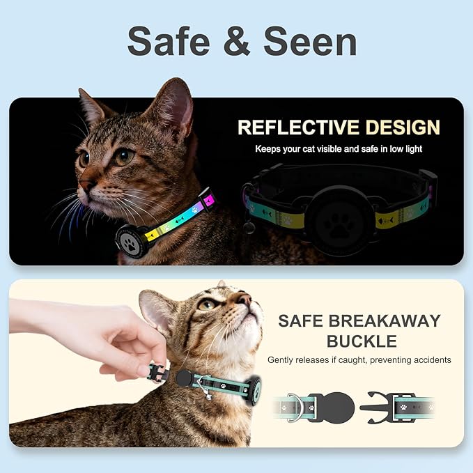 Airtag Cat Collar Breakaway, Reflective Cat Collar with AirTag Holder and Bell, Compatible with Apple Air Tag, Comfortable Padding, Adjustable, Durable (Turquoise, XS)