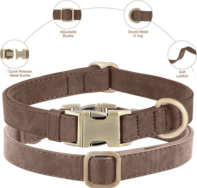 Genuine Leather Dog Collar - Adjustable Pet Collar with Quick Release Metal Buckle, Soft Skin Friendly Real Leather Collar for Small, Medium, Large Dogs (Dark Brown Collar + Rope, L：Fit 15-23" Neck)