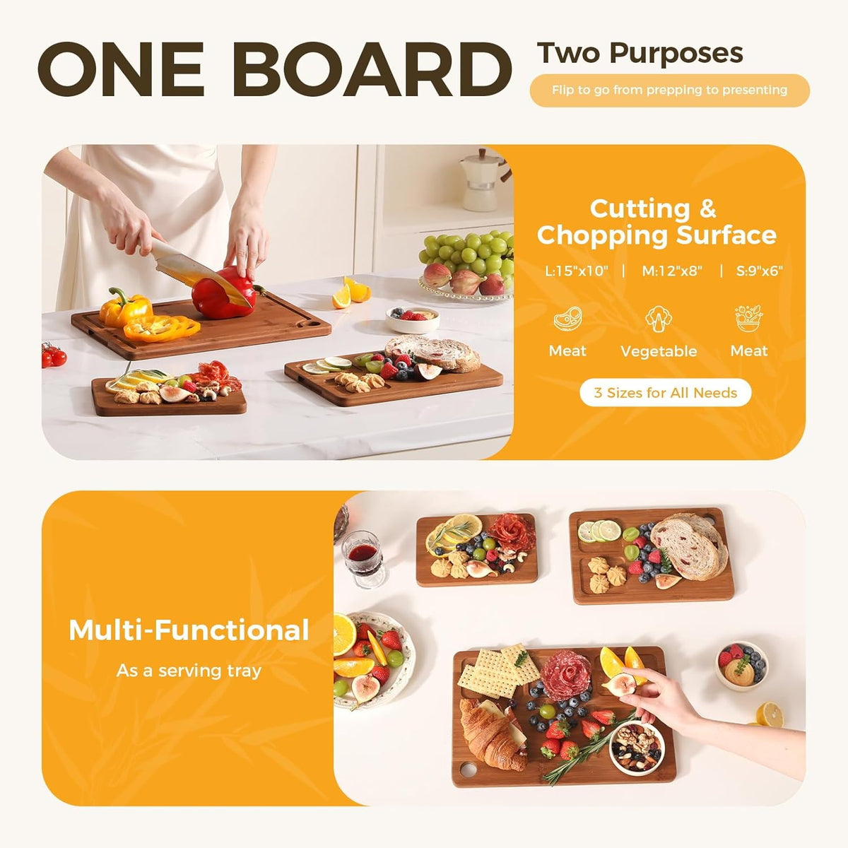 Bamboo Cutting Board for Kitchen, Wooden Cutting Board 3-Piece Set with Non-Slip Mat Deep Juice Groove and Built-In Handles, Wood Cutting Board for Meat Vegetables Fruit Ideal Gift for the Home