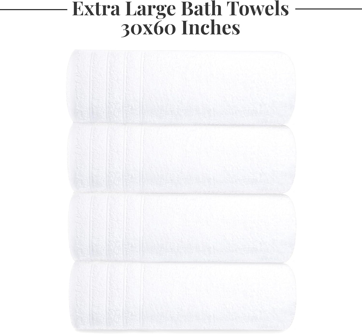 Tens Towels Pack of 4 Extra Large Bath Towels 30 x 60 Inches, 100% Cotton, Larger & Lighter Weight, Quicker to Dry, Super Soft and Absorbent, Perfect for Bathroom, White