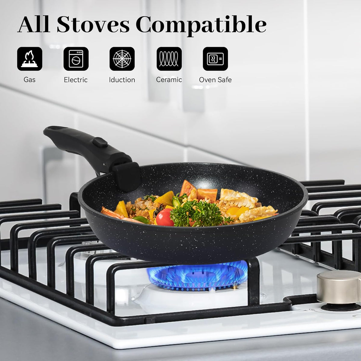 5PCS Pots and Pans Set Non Stick, Kitchen Cookware Sets with Detachable Handle, Ceramic Cookware Sets, Non Stick RV Cookware Cooking Set, Dishwasher ＆ Oven Safe, PFOA Free, Black