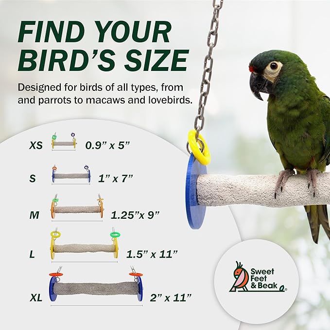 Sweet Feet and Beak Roll Bird Swing - Pumice Perch Bird Toys Trims Nails and Beaks, Safe and Non-Toxic Bird Cage Accessories for Small and Large Birds, Swinging Toys Birds Will Love, Small 7.5 Inches