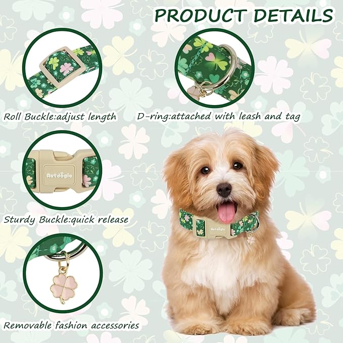 St. Patrick's Day Dog Collar,Green Clover Lucky Shamrock Puppy Collar,Adjustable Spring Cotton Collars Gifts for Small Medium Large Dogs,Dog Accessories XS