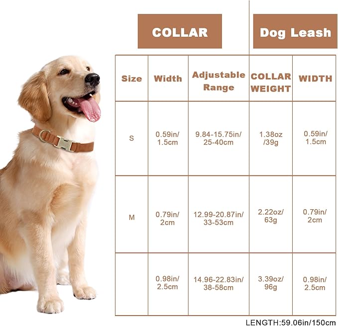 Genuine Leather Dog Collar - Adjustable Pet Collar with Quick Release Metal Buckle, Soft Skin Friendly Real Leather Collar for Small, Medium, Large Dogs (Khaki Collar + Rope, S：Fit 8-16" Neck)
