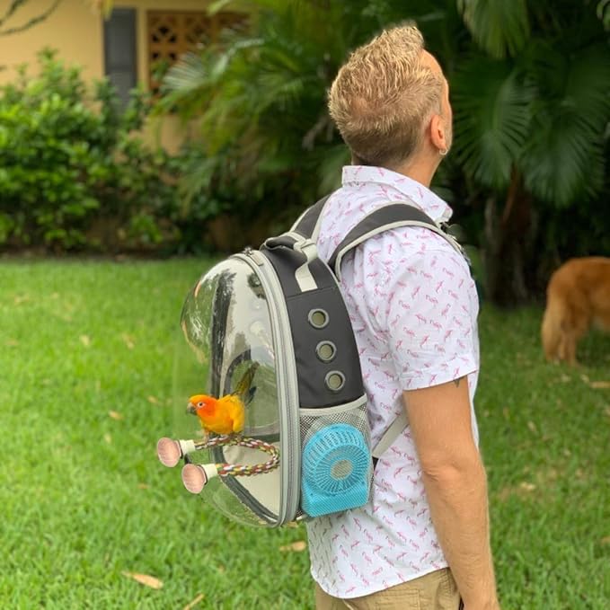 Bird Traval Carrier Cage, Clear Space Capsule Astronaut Backpack to Carry Parakeet Cockatiel Parrot with Metal Tray Bird Feeder and Wood Perch, Vet Transport Bag