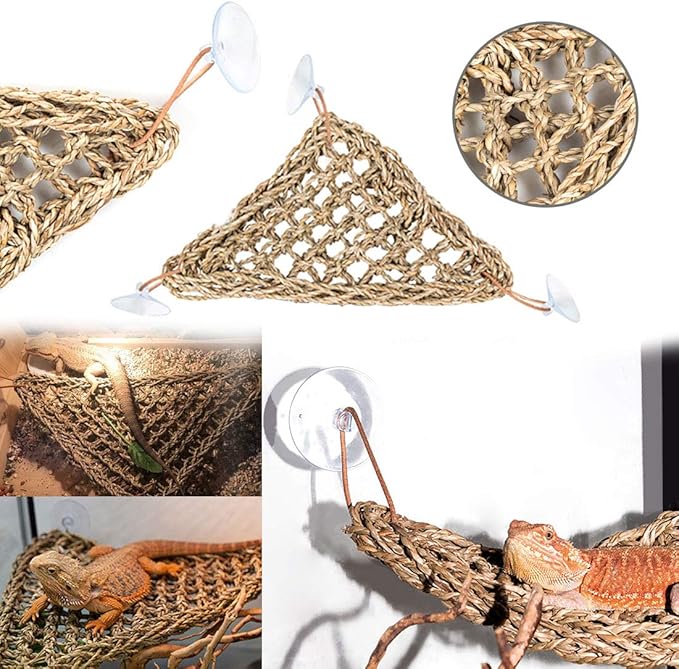 PINVNBY Bearded Dragon Tank Accessories,Lizard Habitat Hammock Reptile Natural Coconut Shell Cave Jungle Climber Bendable Vines Leaves Decor for Gecko Chameleon Snakes Lizards(5 Pcs)