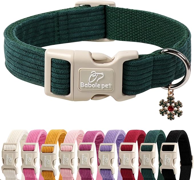 Cute Corduroy Dog Collar - Forest Green Adjustable Dog Collars for Small Dogs 10-25lbs, Fade-Proof with Secure Snap & Little Charm, Christmas Birthday Gift, S