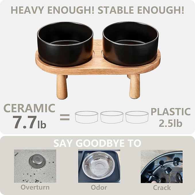 Ceramic Elevated Dog Bowls, Pet Food and Water Bowl Set for Large Dogs, 7.5 Cups Dog Bowls Raised with Wood Stand, 61OZ, Black