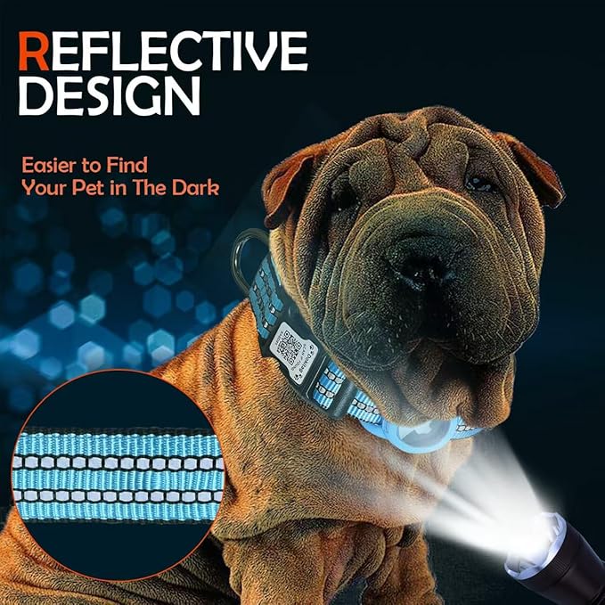 Reflective Dog Collar with Apple AirTag Holder & QR Code Pet ID Tag,Soft Nylon Adjustable Dog Tracker Collar with Safety Lock for Large Dogs(Blue, L（16"-26"）)