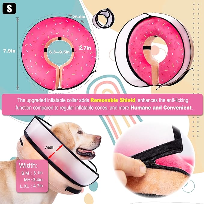 Inflatable Dog Cone Collar with Enhanced Anti-Licking, Soft Neck Donut for Dogs Cats, Recovery Pet Cone Collar After Surgery for Large Medium Small Dogs… (Donut Pink, Small)