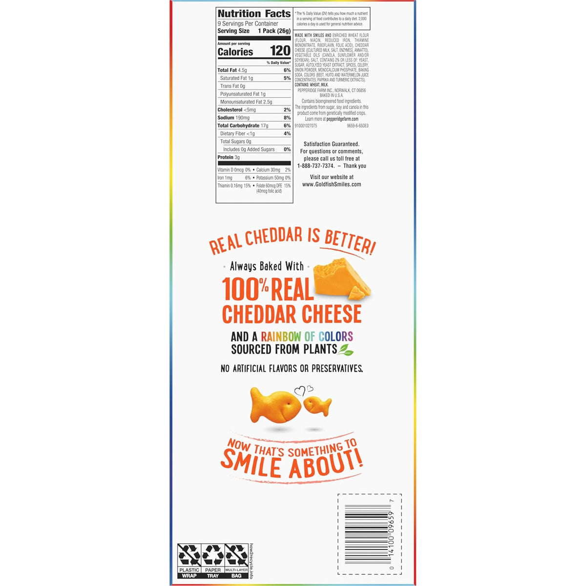 goldfish colors cheddar crackers, 9ct multi-pack tray, 9x0.9oz snack pack, baked with real cheese