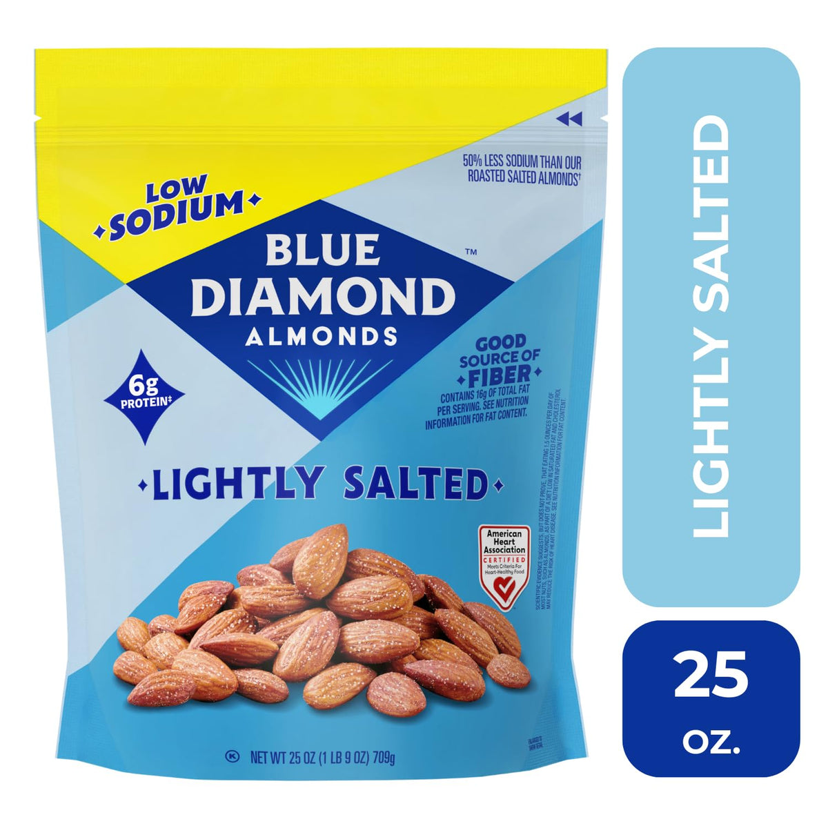 Blue Diamond Almonds, Low Sodium Lightly Salted Snack Nuts, Plant-Based Protein and Fiber Salty Snacks, Great for Holidays, Parties, Events, Lunch, Pantry Staple, 25 Oz Resealable Bag (Pack of 1)