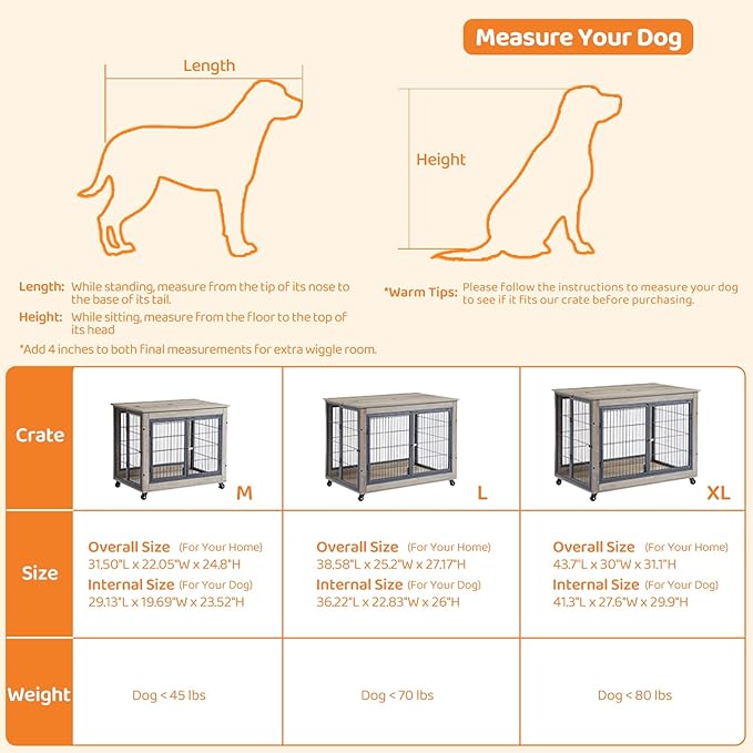 IchbinGo Wooden Dog Crate Furniture, 38.5" Dog Kennel with 3 Doors, Flip-up Top Opening and Wheels, Decorative Pet Crate Dog House for Large/Medium/Small Dog Indoor Use (Rustic Grey)