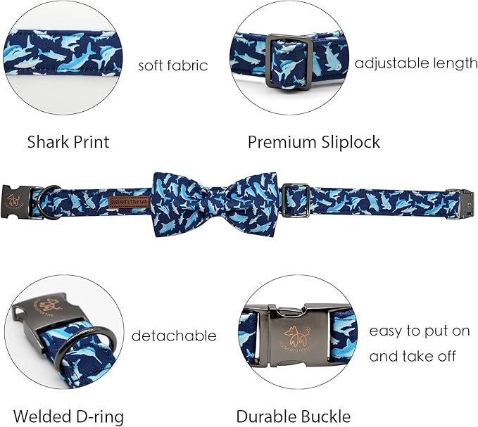 Elegant Little Tail Bowtie Collar for X-Small Puppy and Cat - Shark Print, Adjustable