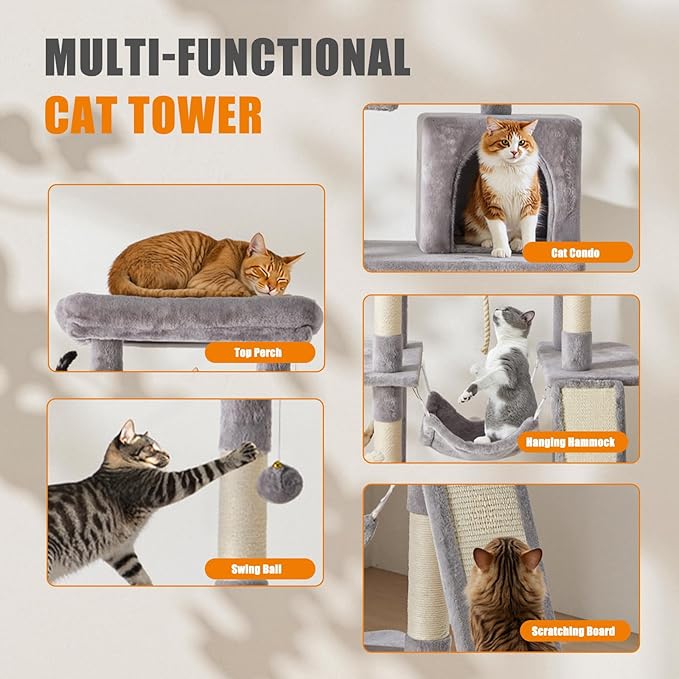 Large Cat Tree 63 Inch, Multi-Level Tall Cat Tree Tower with Condo, Perch, Sisal Scratching Posts Board and Hammock, Pet Play House with Dangling Balls for Indoor Cats, Light Grey
