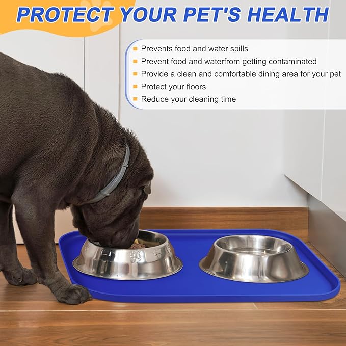 Silicone Pet Feeding Mat with Raised Edge for Food and Water, Dog Bowl Mats, Cat Bowls Placemat with High Lip for Floor Waterproof, Rubber Tray for Cats and Dogs 24 x 16 x0.8 Navy Blue