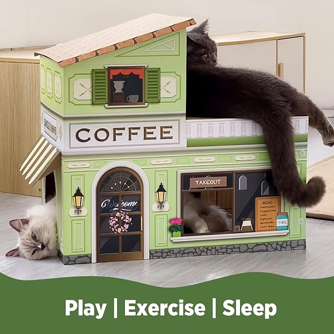 Cat Beds for Indoor Cats, Cardboard Cat House with Scratchers, Coffee Shop, Large Sturdy Cat Furniture Condo Cave Tent, Easy to Assemble Pet Toys Accessories Stuffs, Bunny Small Animals