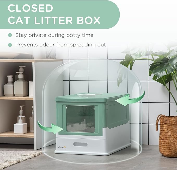 PawHut Fully Enclosed Litter Box with Scoop, Hooded Litter House with Drawer Tray, Foldable Smell Proof Cat Potty with Front Entry, Top Exit, Portable Pet Toilet with Large Space, Green