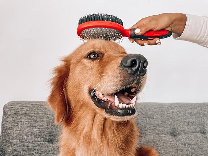 Tuff Pupper Double Sided Dog Brush, Detangling Tool for Dogs and Cats, Pin & Bristle Pet Brush, for and Hair Types, With Comfort-Grip Anti-Slip Handle, Brown, Black, White