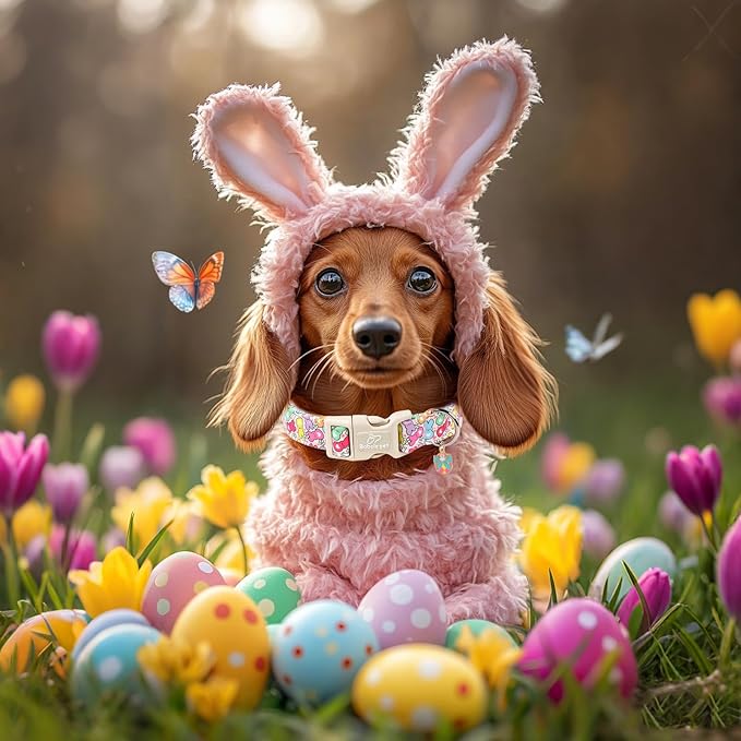 Easter Dog Collar for Puppy Small Dogs - Colorful Bunny Print Easter Collar for Male Female Dogs, Lightweight Adjustable Spring Holiaday Dog Collars with Quick Release Buckle XS
