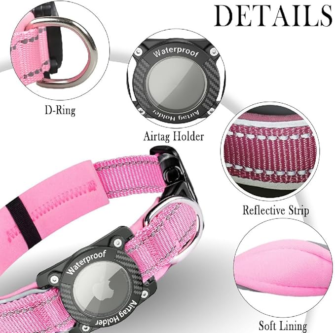 Upgraded AirTag Dog Collar, IP68 Waterproof Dog Collar with Apple Air Tag Holder, Reflective Adjustable Heavy Duty Dog Collars with Soft Padded for Small, Medium and Large Dogs,Pink, L