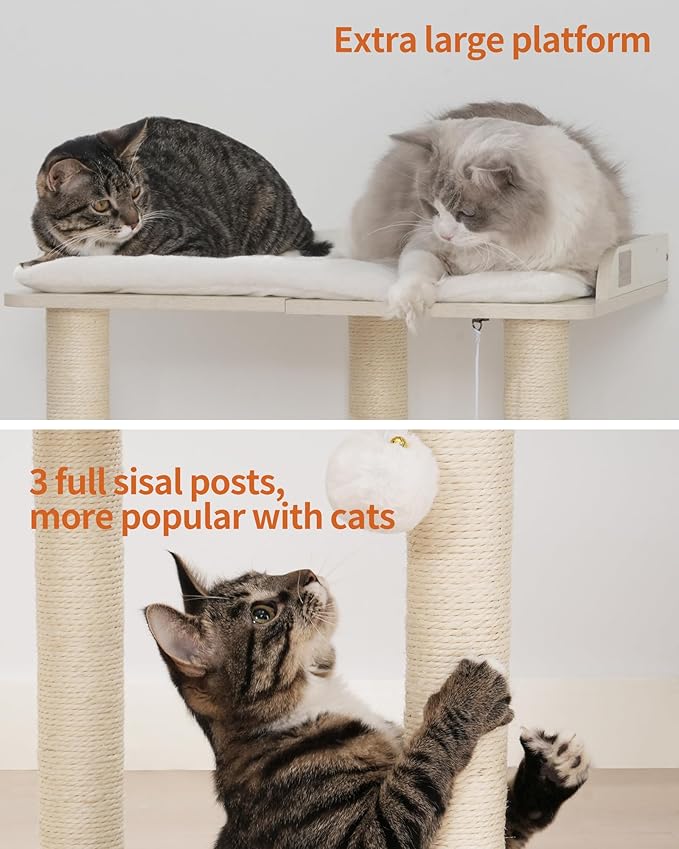 FourFurPets 26.7in Large Cat Tree Tower Condo, Cat Scratch Posts for Indoor Cats, Big Plate, Three 23.6in Full Sisal Scratching Posts, White