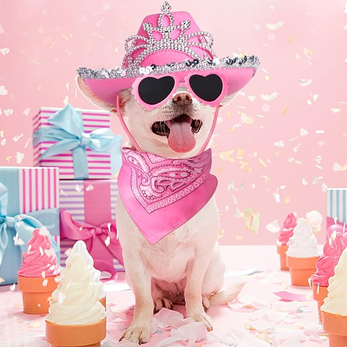 Yewong Pet Pink Cowboy Hat Costume Accessory Set Dog Cat Size Pink Cowgirl Princess Hat with Crown Tiara Bandana/Scarf Sunglasses for Cat Puppy Western Costume Daily Wearing Photo Props