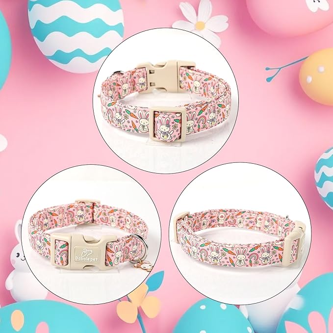 Easter Dog Collar for Large Dogs - Pink Girly Bunny Dog Collars, Cute Girl Dogs Easter Collar, Adjustable Female Spring Holiday Pet Collars with Quick Release Buckle L