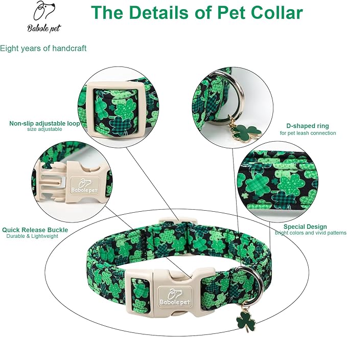St Patricks Day Dog Collar for Large Dogs - Green Lucky Clover Dog Collars, Lightweight Adjustable Irish Festival Shamrock Dogs Collars with Quick Release Buckle L