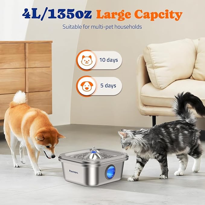 Cat Water Fountain Stainless Steel, 4L/135oz Cat Fountain, Automatic Dog Drinking Dispenser with Water Level Window, 10 Filters, Metal Pet Water Bowl Indoor, Quiet Pump, Easy Cleaning