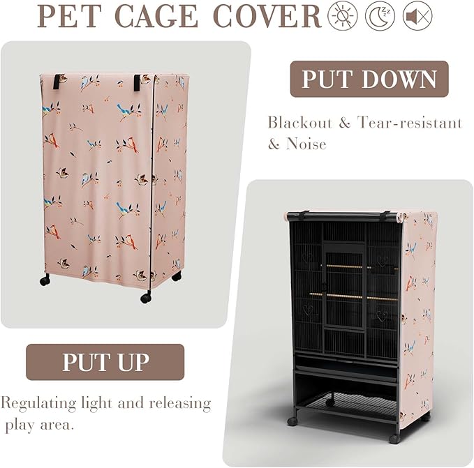 Tchvt Nighttime Bird Cage Covers with Zipper Panel Blackout Birdcage for Winter Universal Breathable Large Good Night Enclosure for Bird (Bird Designs, 19x19x40 inch)