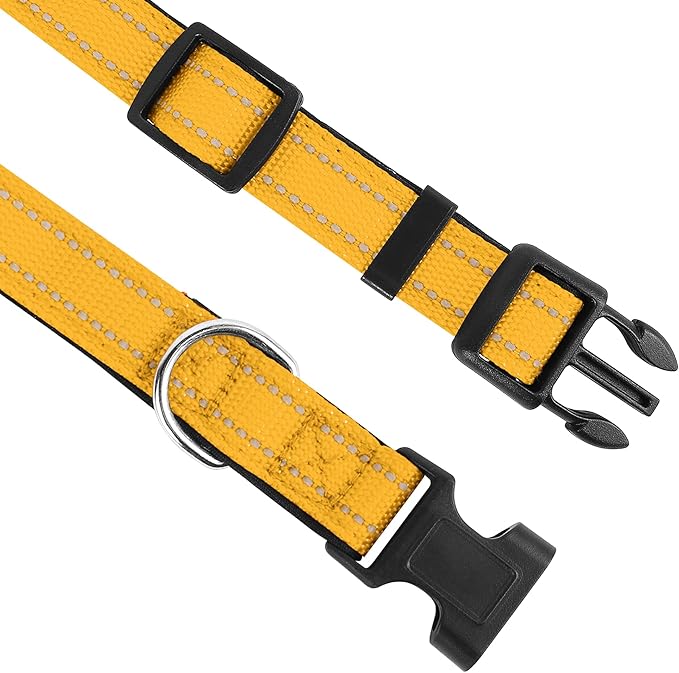 Reflective Dog Collar, Adjustable Soft Neoprene Padded Nylon Pet Collars with Buckle for Extra Large Dogs, Yellow,XL