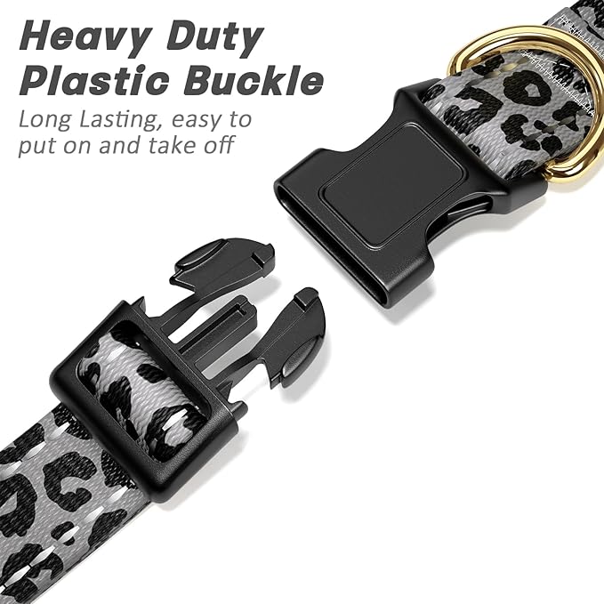 Reflective Dog Collar for Small Dogs Cats, Cute Leopard Style Adjustable Heavy-Duty Nylon Puppy Collar for Boy and Girl Female, Soft Pet Accessories with Quick Release Buckle, Gray