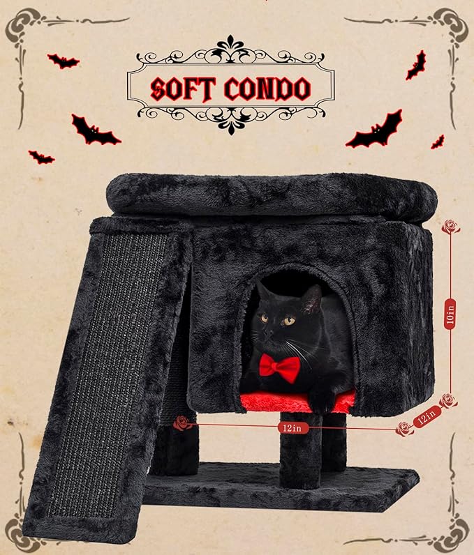 SYANDLVY Gothic Cat Tree with Coffin Bed for Indoor Cats, Cat Tower with Scratching Post, Modern Activity House for Large Cats, Condo with Board, Kittens Cave