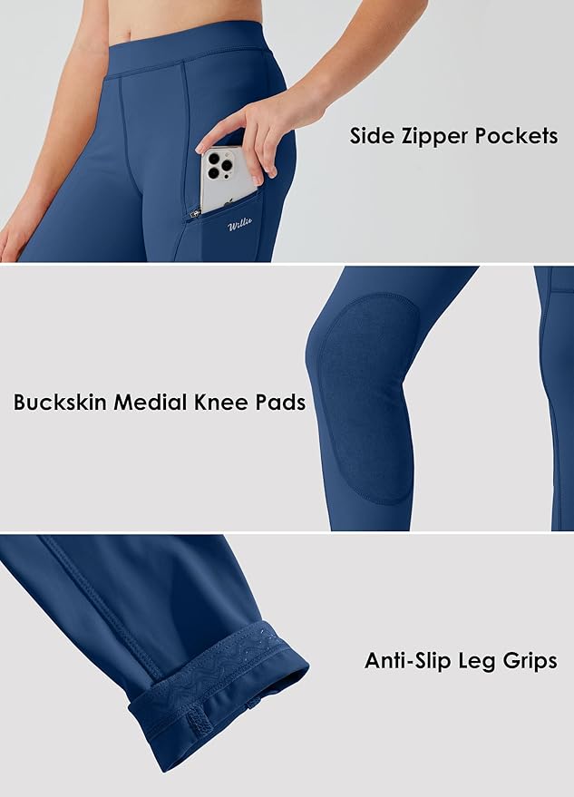 Willit Girls Horse Riding Pants Tights Kids Equestrian Breeches Knee-Patch Youth Schooling Tights Zipper Pockets