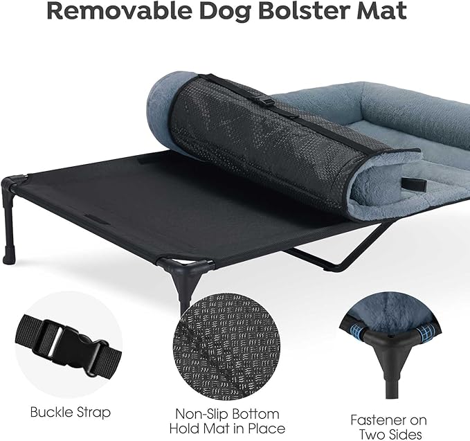 Veehoo Cooling Elevated Dog Bed with Fluffy Plush Bolster Cushion, Indoor Raised Dog Beds for Large Dogs, Soft Pet Sofa Cot with Removable Washable Mat, No-Slip Feet, 49 x 33 inches, Haze Blue