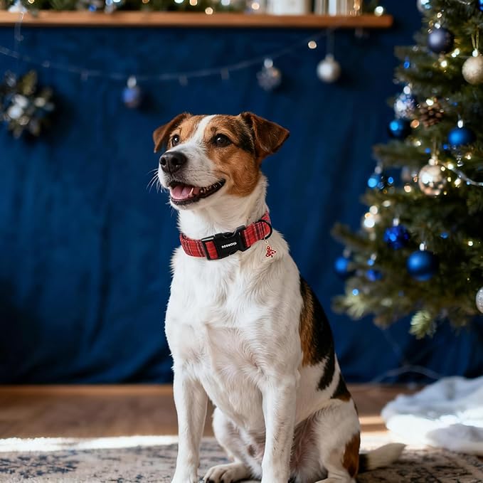 DOGWONG Christmas Plaid Dog Collar, Cute Adjustable Red Tartan Collar, Red Grid Dog Collar with Strong Plastic Buckle for Small Medium Large Dogs,XL