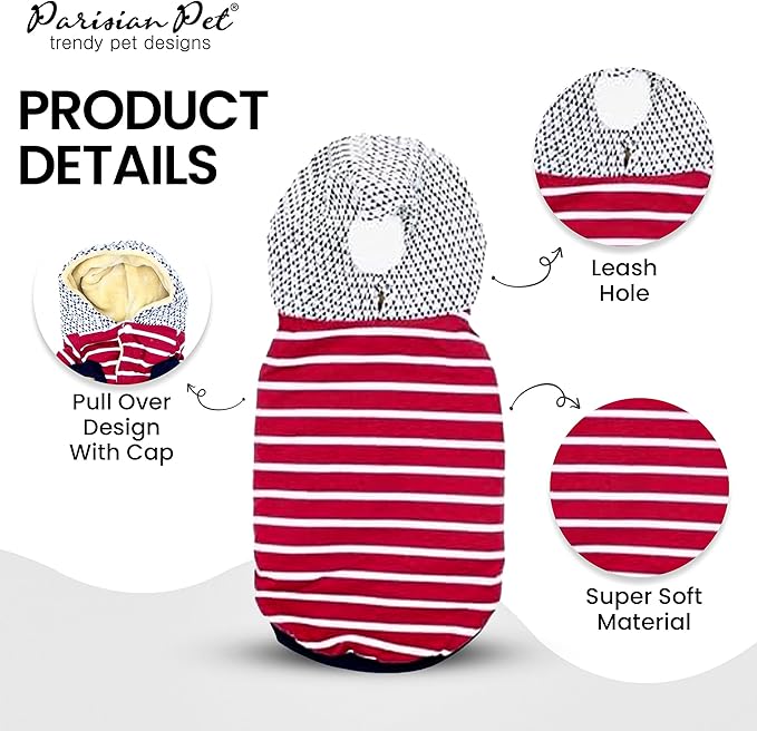Parisian Pet Basic Dog Hoodie - Lightweight Red Striped Pom Pom Hoodie Sweatshirt - Pullover for Large Dogs with Leash Hole and Pockets - 3XL