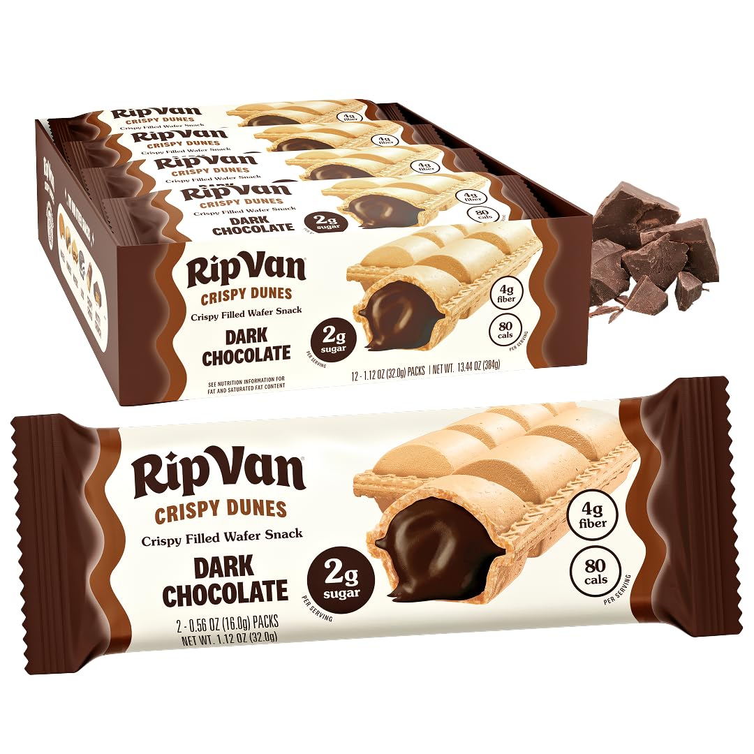 Rip Van Crispy Dunes Vegan Chocolate Hazelnut Wafer Sticks – Low-Calorie Keto Snack with Hazelnut Cream Filling, 90 Calories, Non-GMO, Prebiotic Fiber - 12 Pack