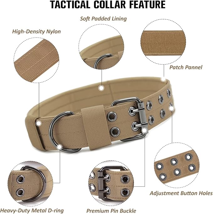 Tactical Dog Collar Military Adjustable Dog Collars Soft Nylon Training Collar with Patch Heavy Duty Metal Buckle Collars for Medium Large Dogs (Brown, M)