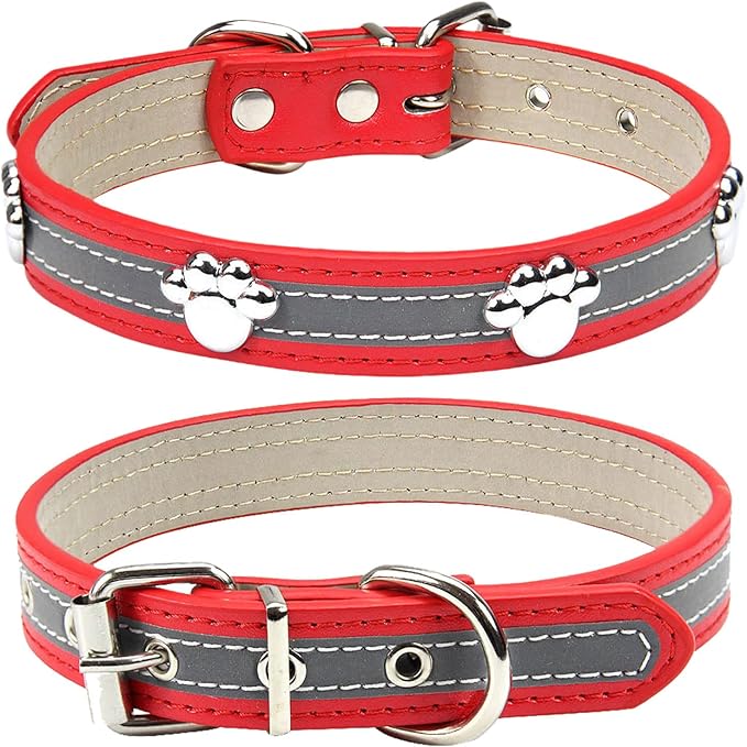 PETCARE Reflective Dog Collar with Cute Paw Rivet Studded Funny Soft PU Leather Adjustable Puppy Dog Collars for Small Medium Large Dogs Cats (Red,X-Large)