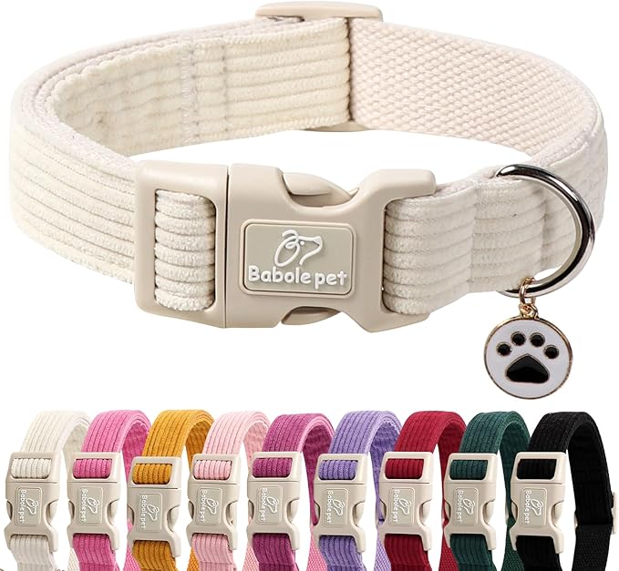 Cute Corduroy Dog Collar - White Adjustable Dog Collars for Large Dogs 50-80lbs, Fade-Proof with Secure Snap & Little Charm, Christmas Birthday Gift, L