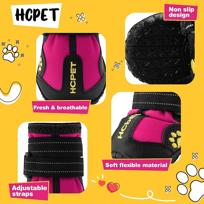 Hcpet Dog Shoes, Dog Boots for Large Dogs, Waterproof Dog Booties Paw Protector for Summer Hot Pavement, Winter Snowy Day, Outdoor Walking, Indoor Hardfloors Anti Slip Sole Pink Size 6