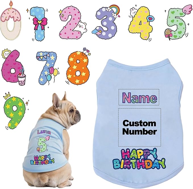 Custom Dog Birthday Shirt,Personalized Pet Apparel Print with Name Age Number,Pet Birthday Outfit,Lightweight Breathable Cotton Vest for Small Medium Large Dogs Cat (Blue, 5X-Large)