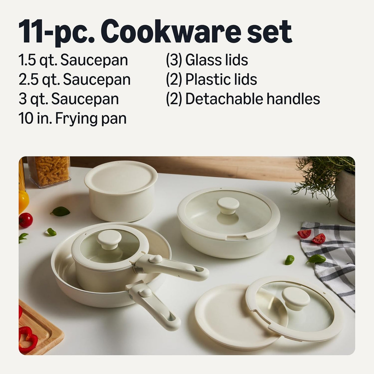 Amazon Basics Ceramic Nonstick Stackable Cookware with Detachable Handles, 11-Piece Set, All Cooktop Friendly, Linen Gray