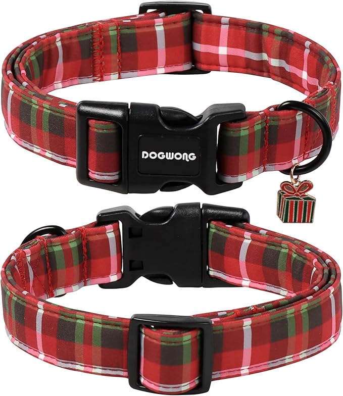 DOGWONG Christmas Plaid Dog Collar, Cute Adjustable Red Collar for Boy and Girl Dogs, Dog Collar with Strong Plastic Buckle for Small Medium Large Dogs,M